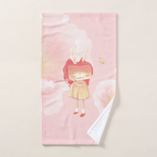 Spring Flute: Bunny Girl Playing Music in Pink Gar Hand Towel