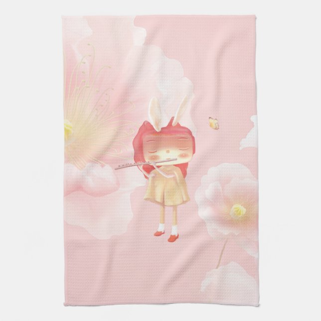 Spring Flute: Bunny Girl Playing Music in Pink Gar Kitchen Towel (Vertical)