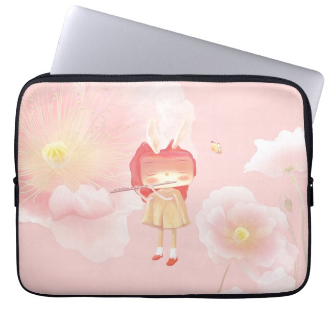 Spring Flute: Bunny Girl Playing Music in Pink Gar Laptop Sleeve (Front)