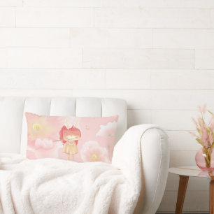Spring Flute: Bunny Girl Playing Music in Pink Gar Lumbar Pillow