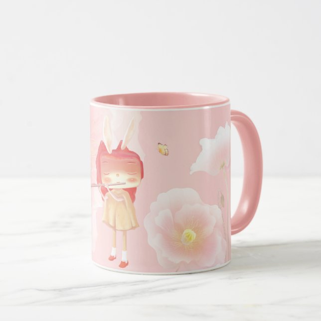 Spring Flute: Bunny Girl Playing Music in Pink Gar Mug (Front Right)