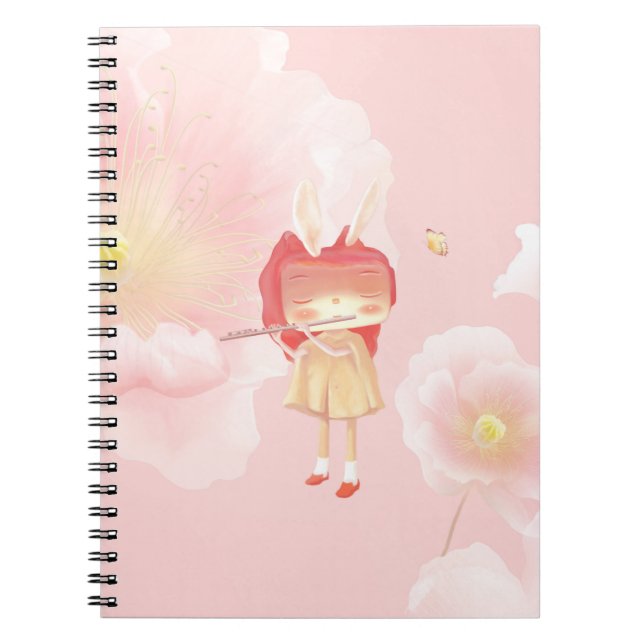 Spring Flute: Bunny Girl Playing Music in Pink Gar Notebook (Front)