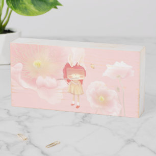 Spring Flute: Bunny Girl Playing Music in Pink Gar Wooden Box Sign