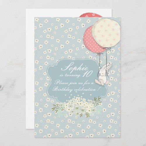 Spring flying Bunny Birthday Invitation