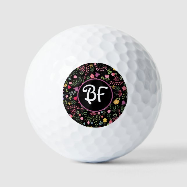 Spring for Wildflowers Black Floral Personalized Golf Balls (Front)