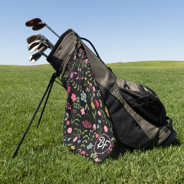 Spring for Wildflowers Black Floral Personalized Golf Towel (Green)