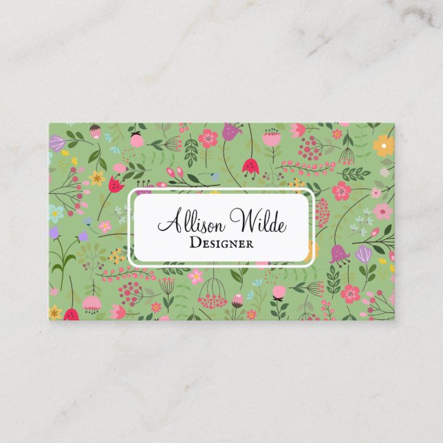 Spring for Wildflowers Sage Green Floral Pattern Business Card (Front)