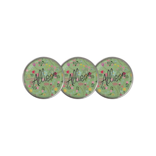 Spring for Wildflowers Sage Green Floral Pattern Golf Ball Marker