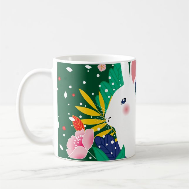 Spring Forest Flower White Bunny  Coffee Mug (Left)