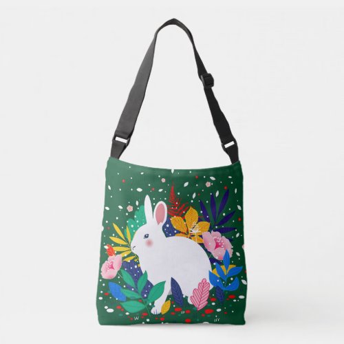 Spring Forest Flower White Bunny  Crossbody Bag