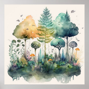 Spring Forest Watercolor Illustration Fantasy Art Poster