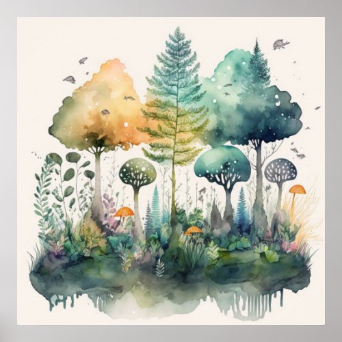 Spring Forest Watercolor Illustration Fantasy Art Poster