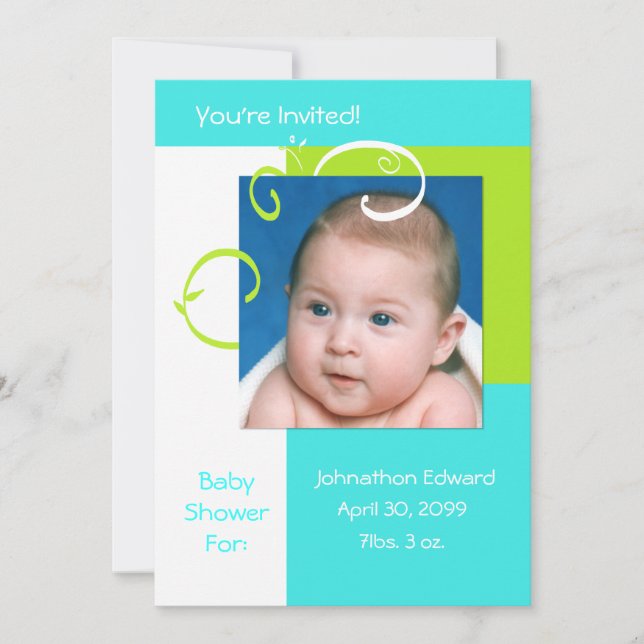 Spring Fresh Photo Baby Shower Cyan Blue And Green Invitation (Front)