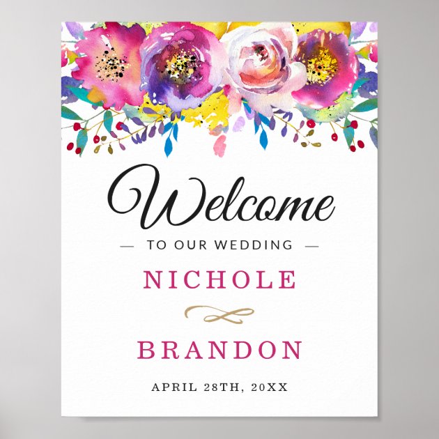 Spring Fuchsia Gold Watercolor Floral Wedding Sign