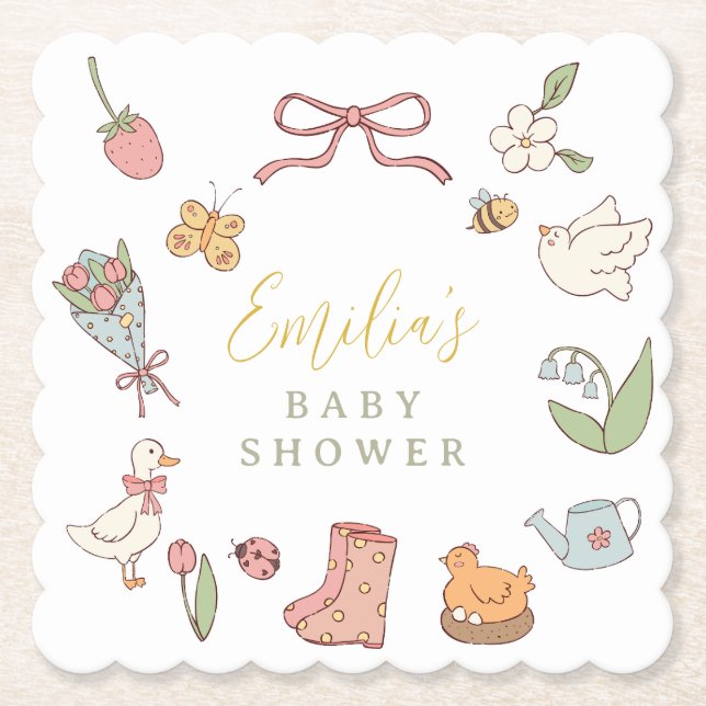 Spring Garden Animals Baby Shower Paper Coaster (Front)