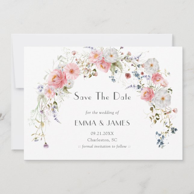 Spring Garden Arch Wildflowers Pink White Wedding Save The Date (Front)