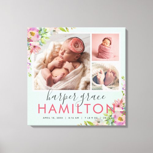 Spring Garden Baby Girl Birth Stats Photo Collage Canvas Print