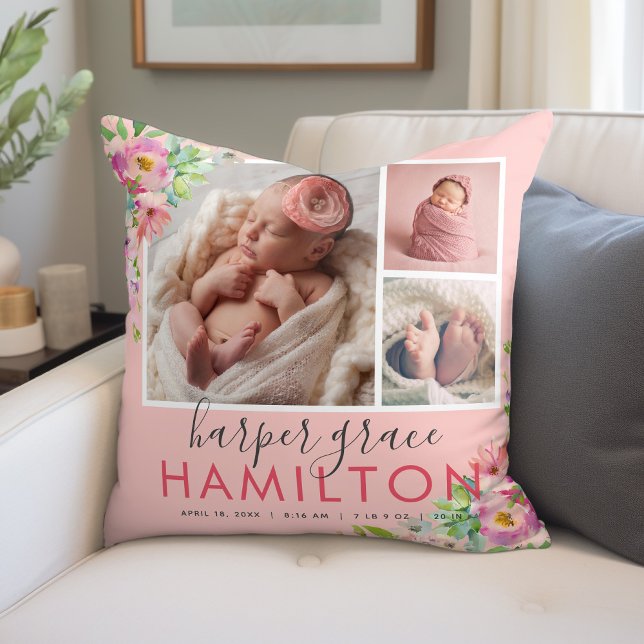 Spring Garden Baby Girl Birth Stats Photo Collage Throw Pillow (Creator Uploaded)
