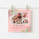 Spring Garden Baby Girl Photo Birth Announcement<br><div class="desc">Affordable custom printed baby girl birth announcement photo cards. This sweet girly design has a pastel floral border with pink and purple flowers and greenery on a blush pink background. Personalize the design with baby's name, birthday and birth stats and add 3 newborn photos. Reverse side has space to add...</div>