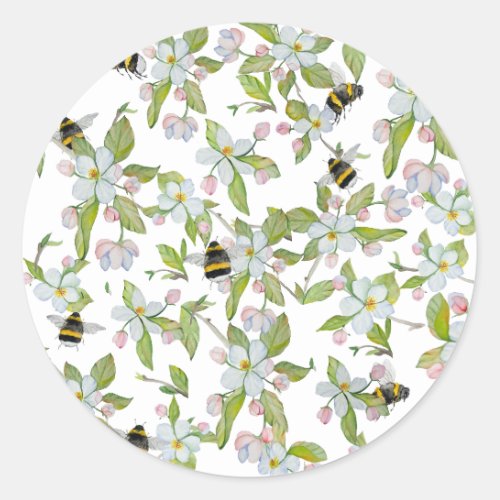 Spring garden blooms and bumblebees classic round sticker