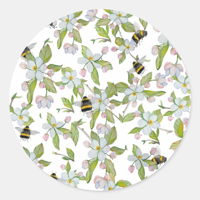 Spring garden blooms and bumblebees classic round sticker (Front)