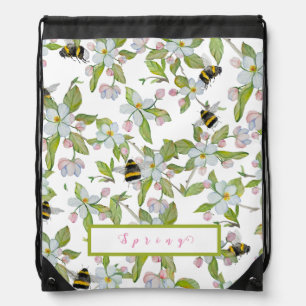 Spring garden blooms and bumblebees drawstring bag