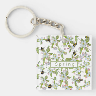 Spring garden blooms and bumblebees keychain