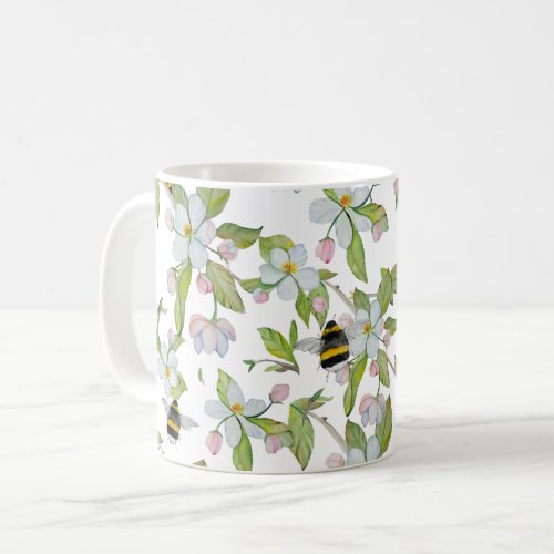 Spring garden blossoms and bumblebees coffee mug