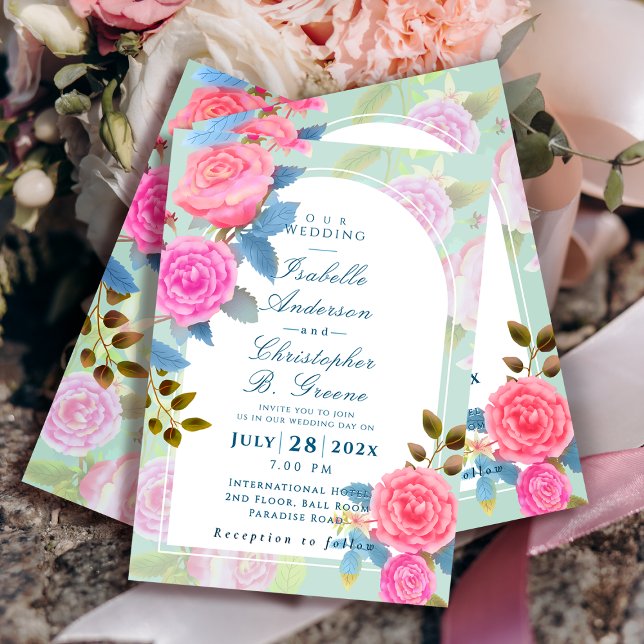 Spring Garden Blush Rose Wedding Invitation (Elegant Vintage Rose Arch Wedding Invitation.)