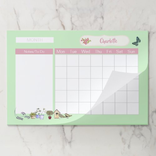 Spring Garden Cute Personalized Monthly Calendar Paper Pad