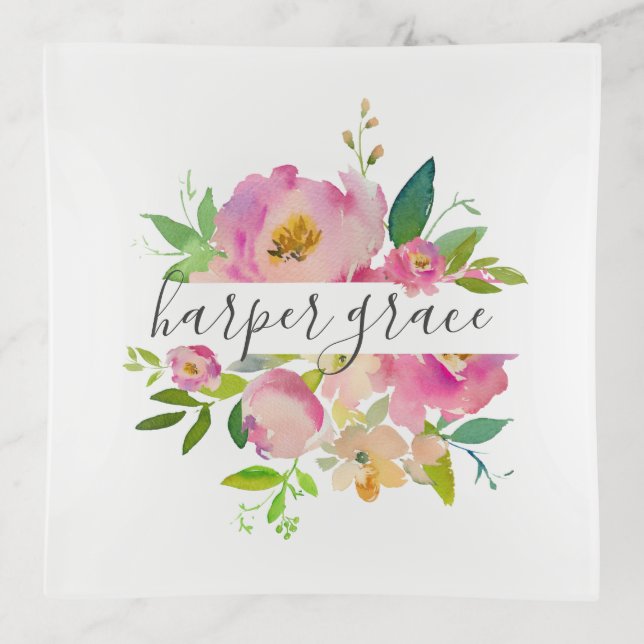 Spring Garden Floral Monogram Trinket Tray (Front)