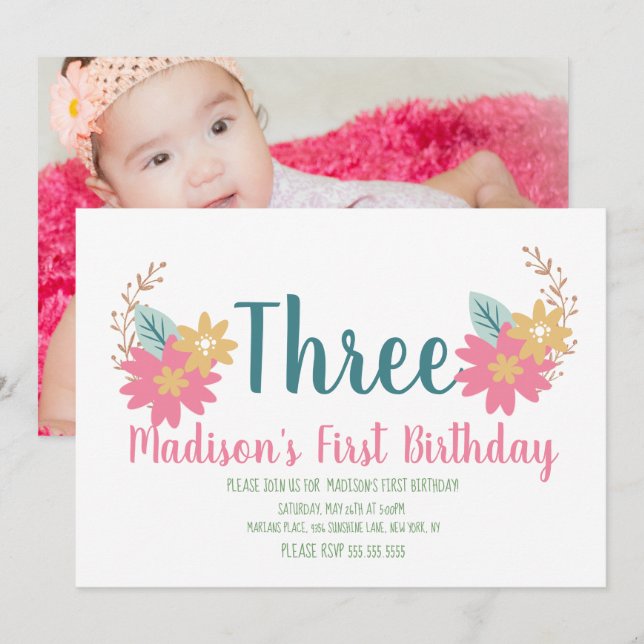 Spring Garden Floral Pink Party 3rd Birthday Invitation (Front/Back)