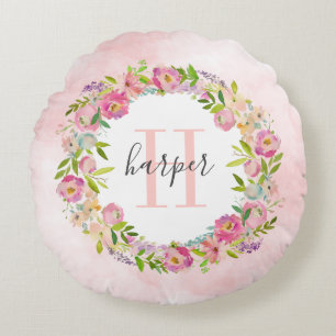 Spring Garden Floral Wreath Monogram Round Pillow