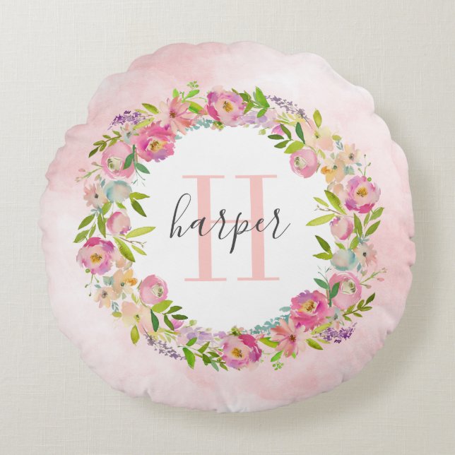 Spring Garden Floral Wreath Monogram Round Pillow (Front)