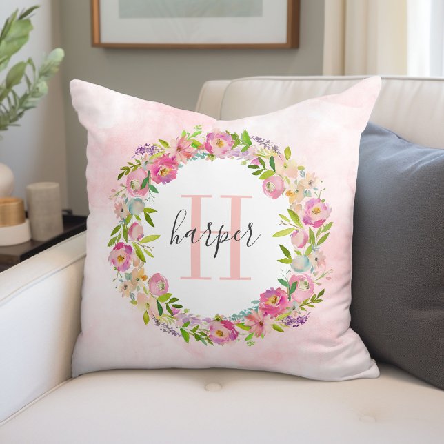Spring Garden Floral Wreath Monogram Throw Pillow (Creator Uploaded)