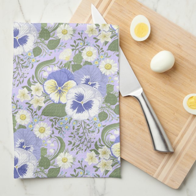 Spring Garden flowers on lavender Kitchen Towel (Quarter Fold)