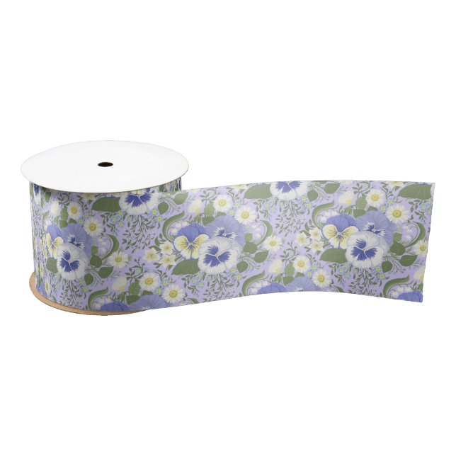 Spring Garden flowers on lavender Satin Ribbon (Spool)