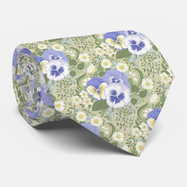 Spring Garden flowers on sage Neck Tie (Rolled)