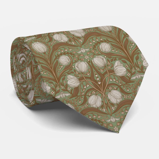 Spring Garden flowers on sage Neck Tie (Rolled)