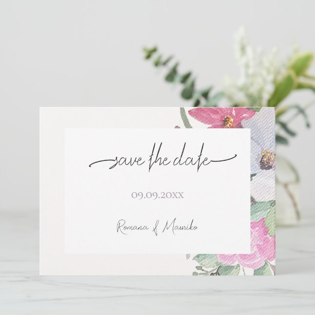 Spring Garden Flowers Watercolor Art Save The Date (Standing Front)