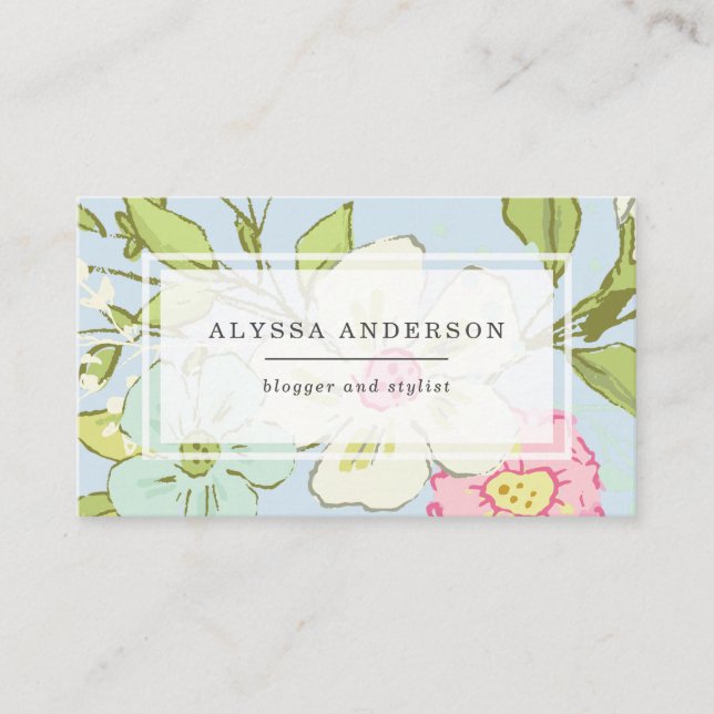 Spring Garden in Blue | Trendy Floral Business Card (Front)