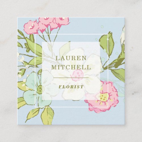 Spring Garden in Blue  Trendy Floral Square Business Card