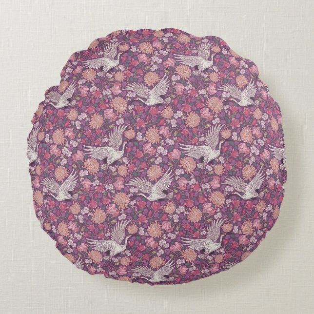 Spring Garden Mother's Day Asian Crane Chinese Round Pillow (Front)