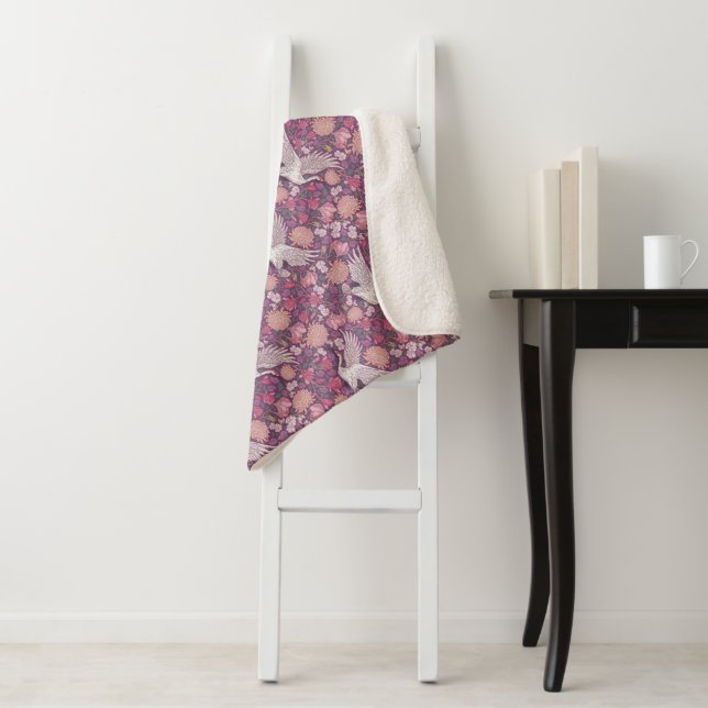 Spring Garden Mother's Day Asian Crane Chinese Sherpa Blanket (In Situ)
