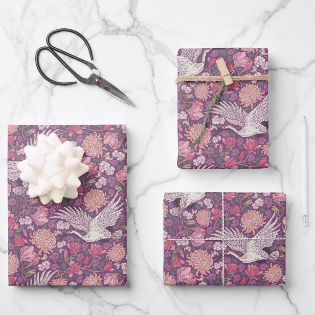 Spring Garden Mother's Day Asian Crane Chinese Wrapping Paper Sheets (Front)