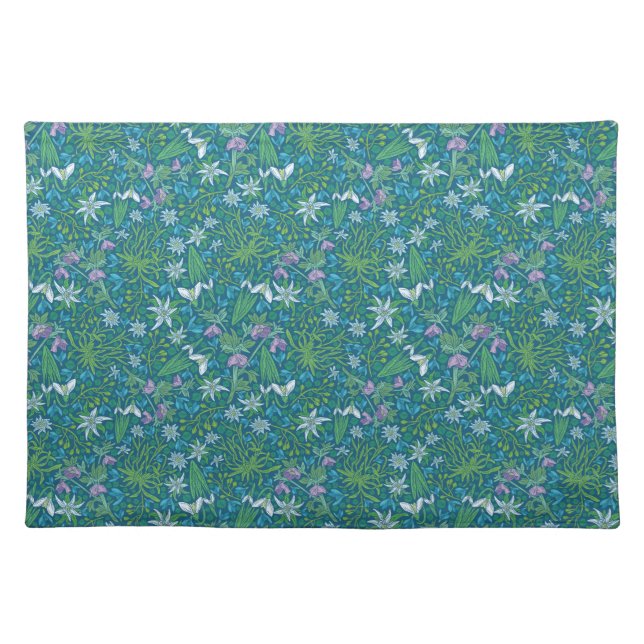 Spring Garden Mother's Day Blue Purple White Cloth Placemat (Front)