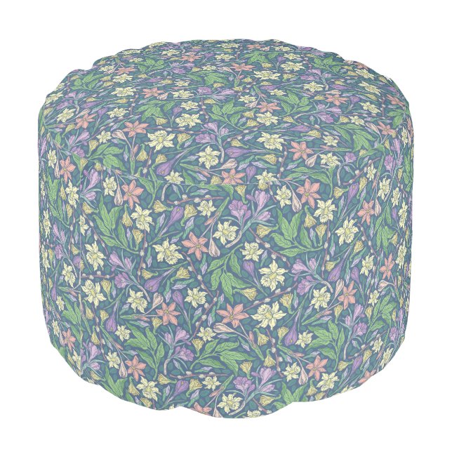 Spring Garden Mother's Day Daffodils Crocuses Pouf (Angled Back)
