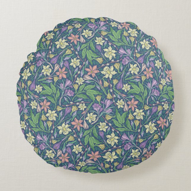 Spring Garden Mother's Day Daffodils Crocuses Round Pillow (Front)