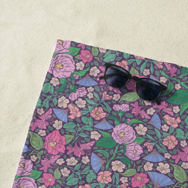 Spring Garden Mother's Day Poppies Japanese Fans Beach Towel (In Situ)