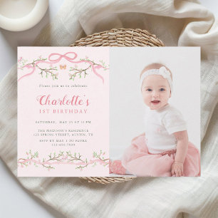 Spring Garden Pink and Green 1st Birthday Photo Invitation